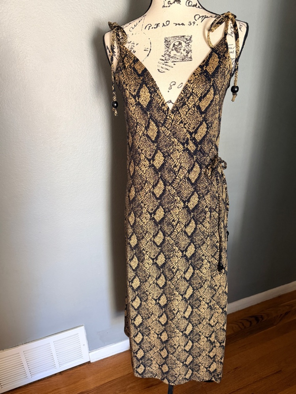Tie-Shoulder Snake Print Wrap Dress in Brown and Black